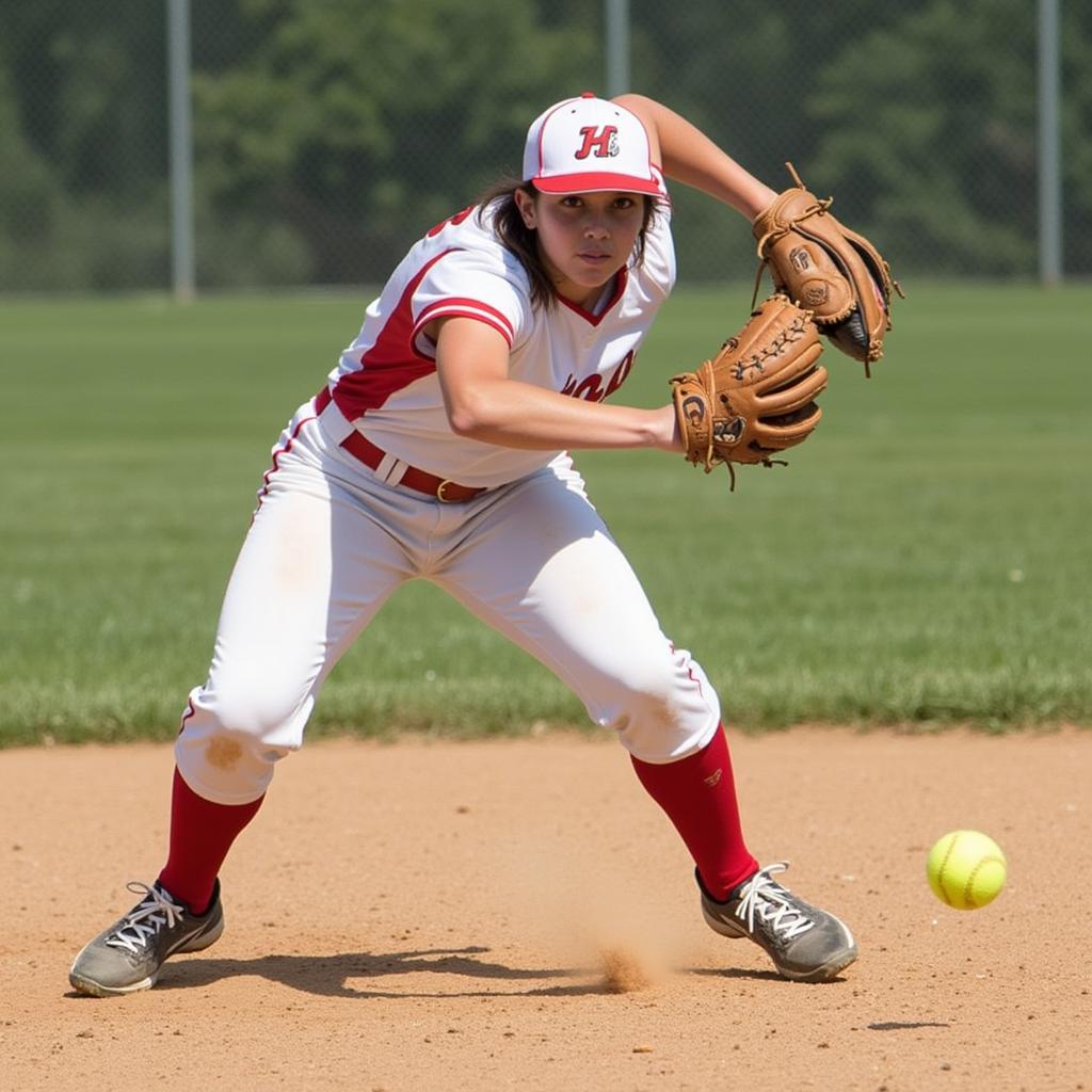 Infielder wearing a 13-inch softball glove making a play at second base