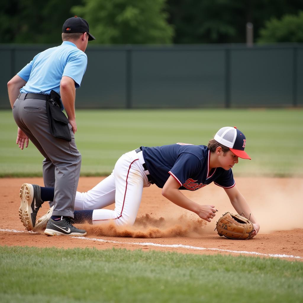 A 16u baseball player slides into base