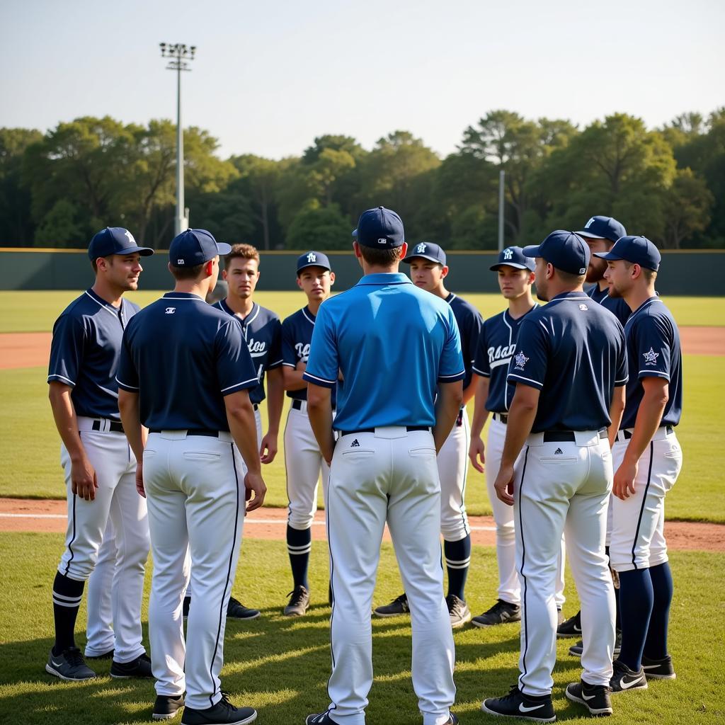 A 16u baseball team huddles for a pre-game pep talk