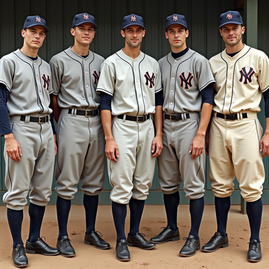 Baseball players in flannel uniforms from the 1940s