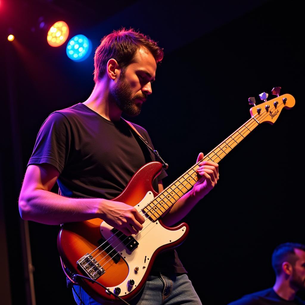 A modern bassist playing a 1952 reissue Fender Precision Bass