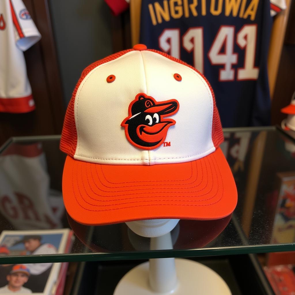 A 1983 Orioles hat displayed alongside other memorabilia