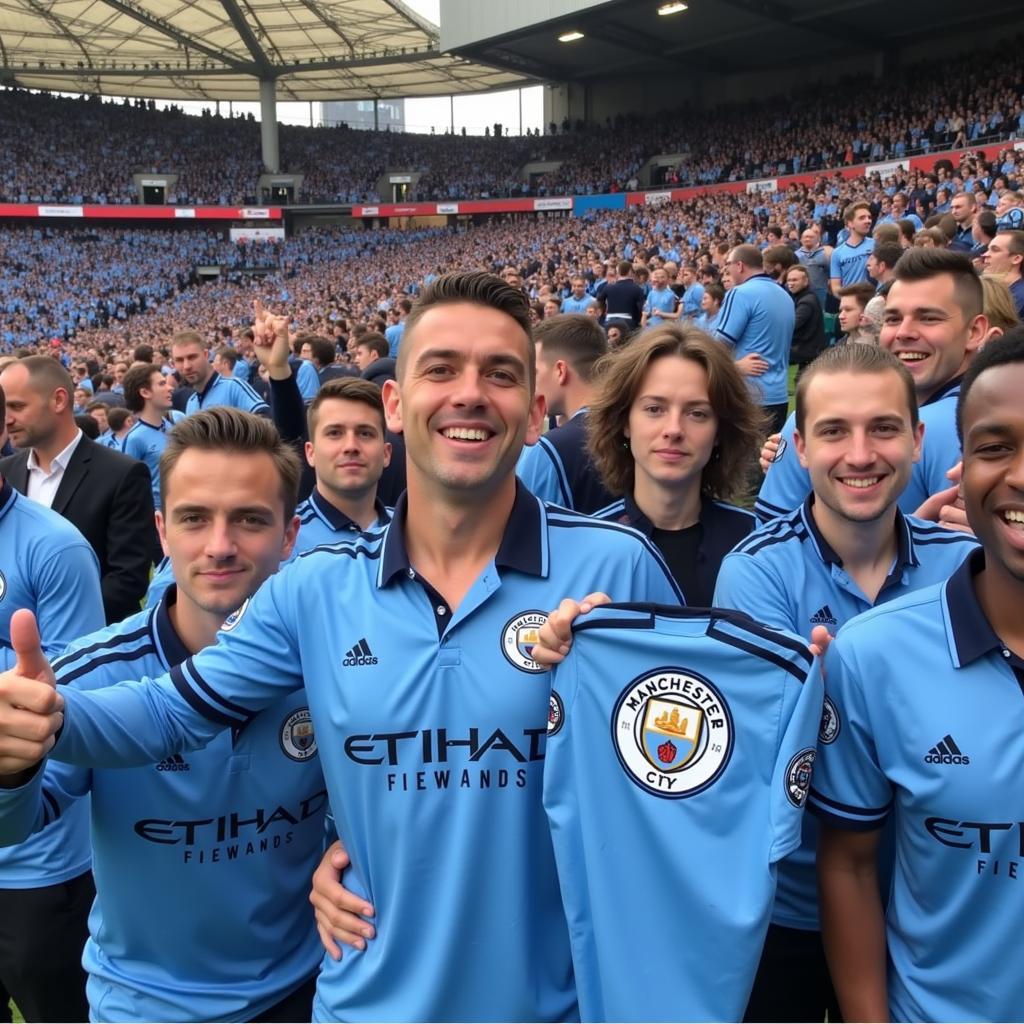 Manchester City fans wearing the 1997-99 home shirt in the stands