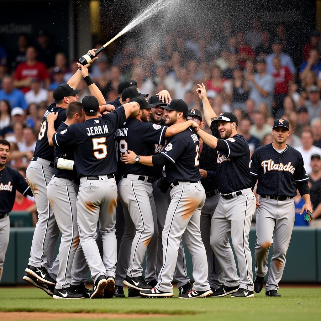 2003 Florida Marlins celebrating their World Series win against the New York Yankees