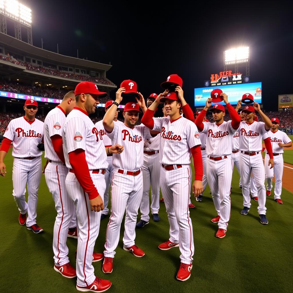 Philadelphia Phillies players celebrating their victory, wearing the iconic 2008 World Series hats.