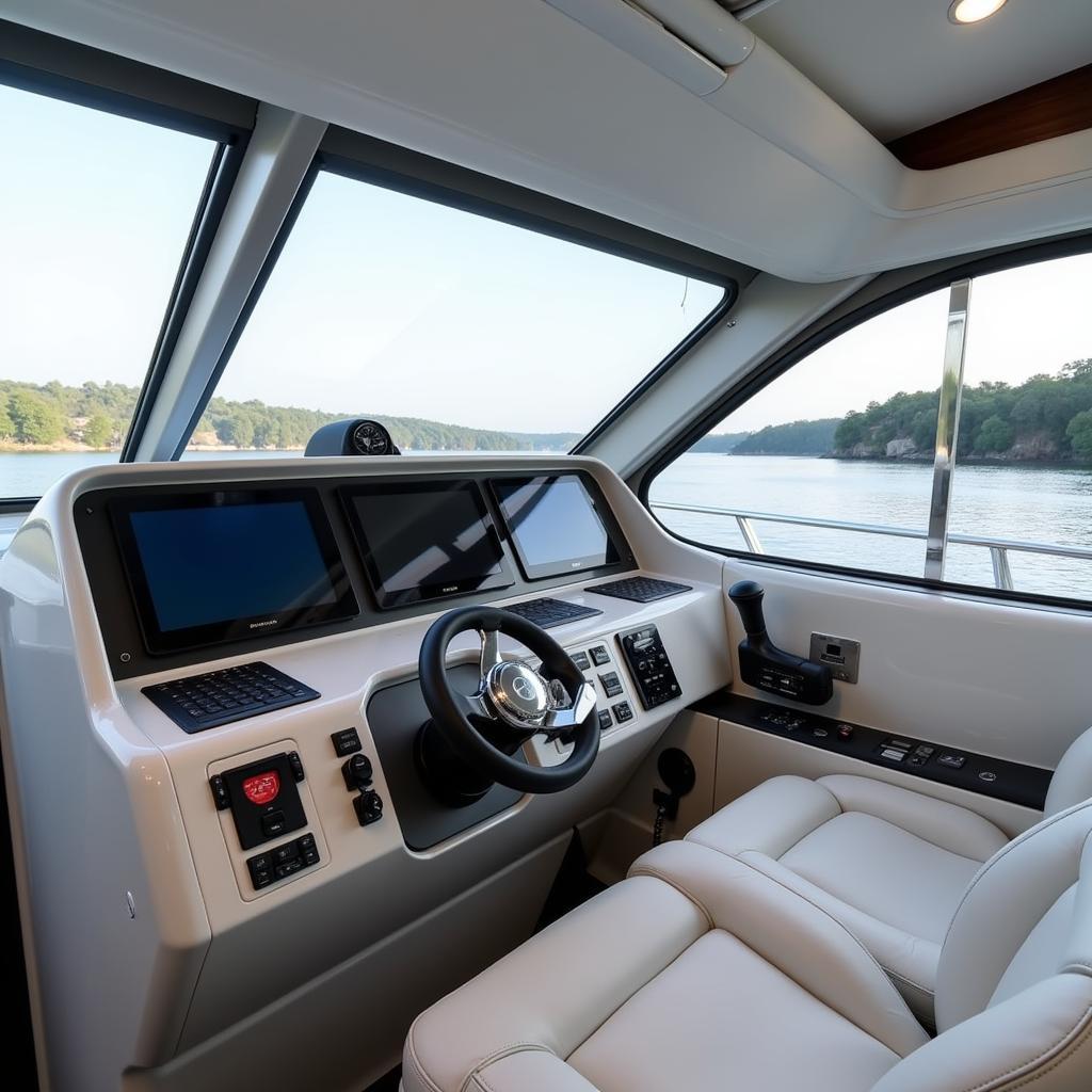 High-tech helm station of the 2025 Harris Grand Mariner equipped with advanced navigation and entertainment features.