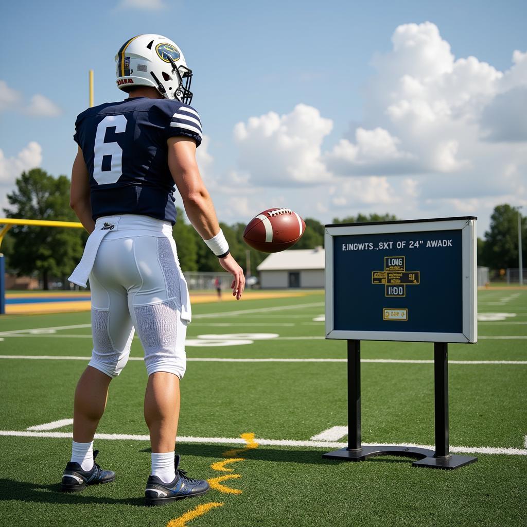 Football player practicing on a 24 foot walk board