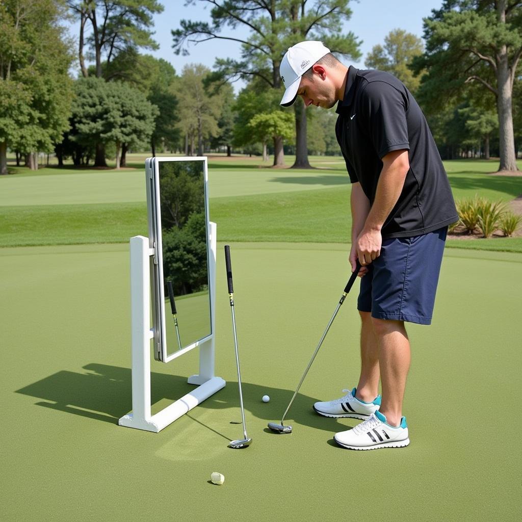 Golfer practicing 4-foot putts using a training aid