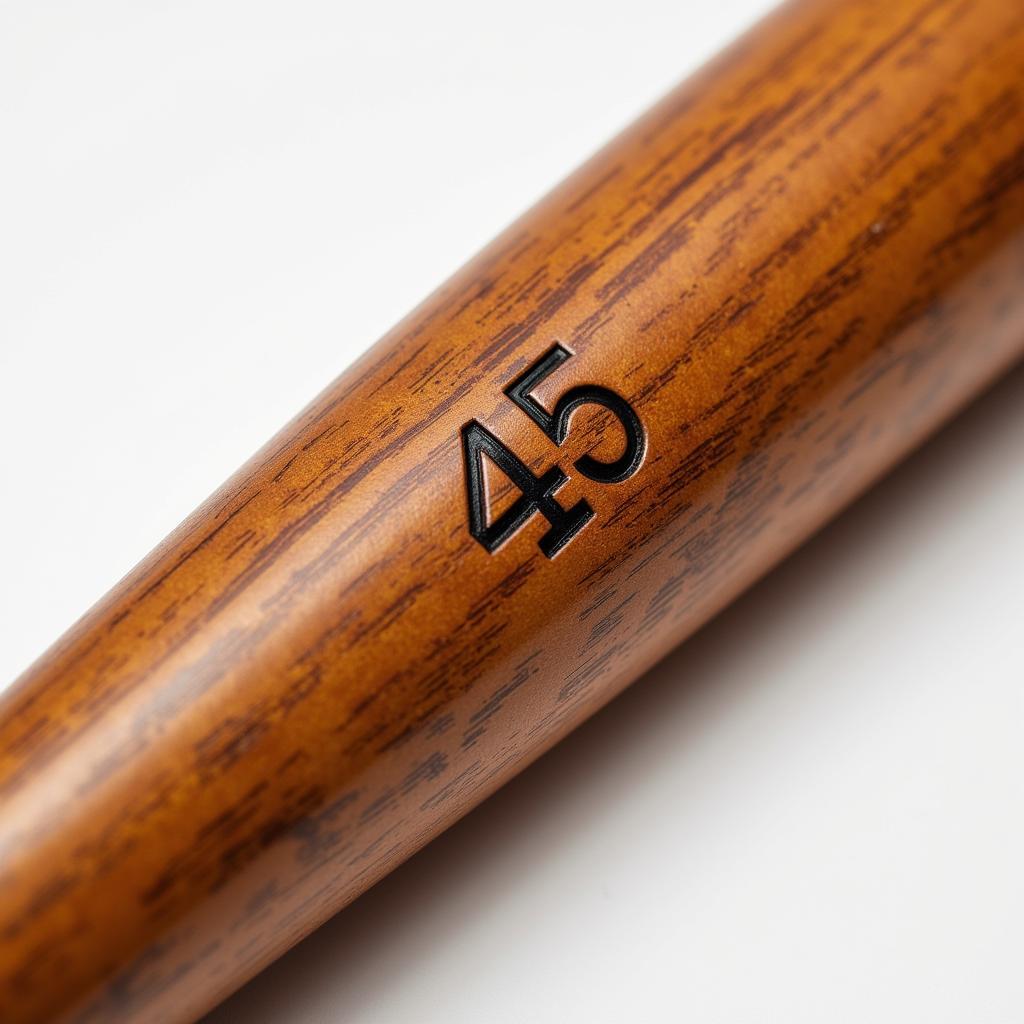 A close-up shot of a wooden baseball bat with the number 45 engraved on its barrel.