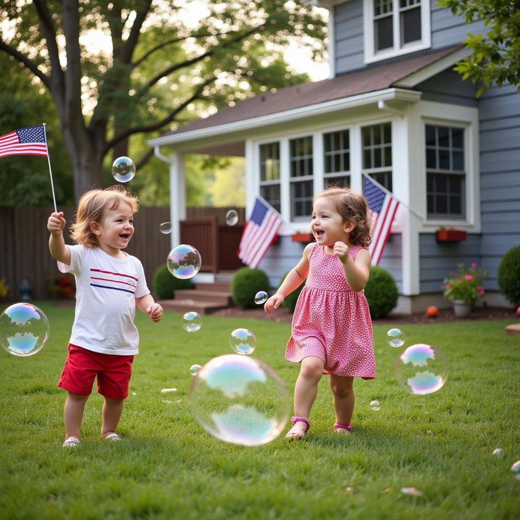 Kids enjoying giant bubbles at a 4th of July party