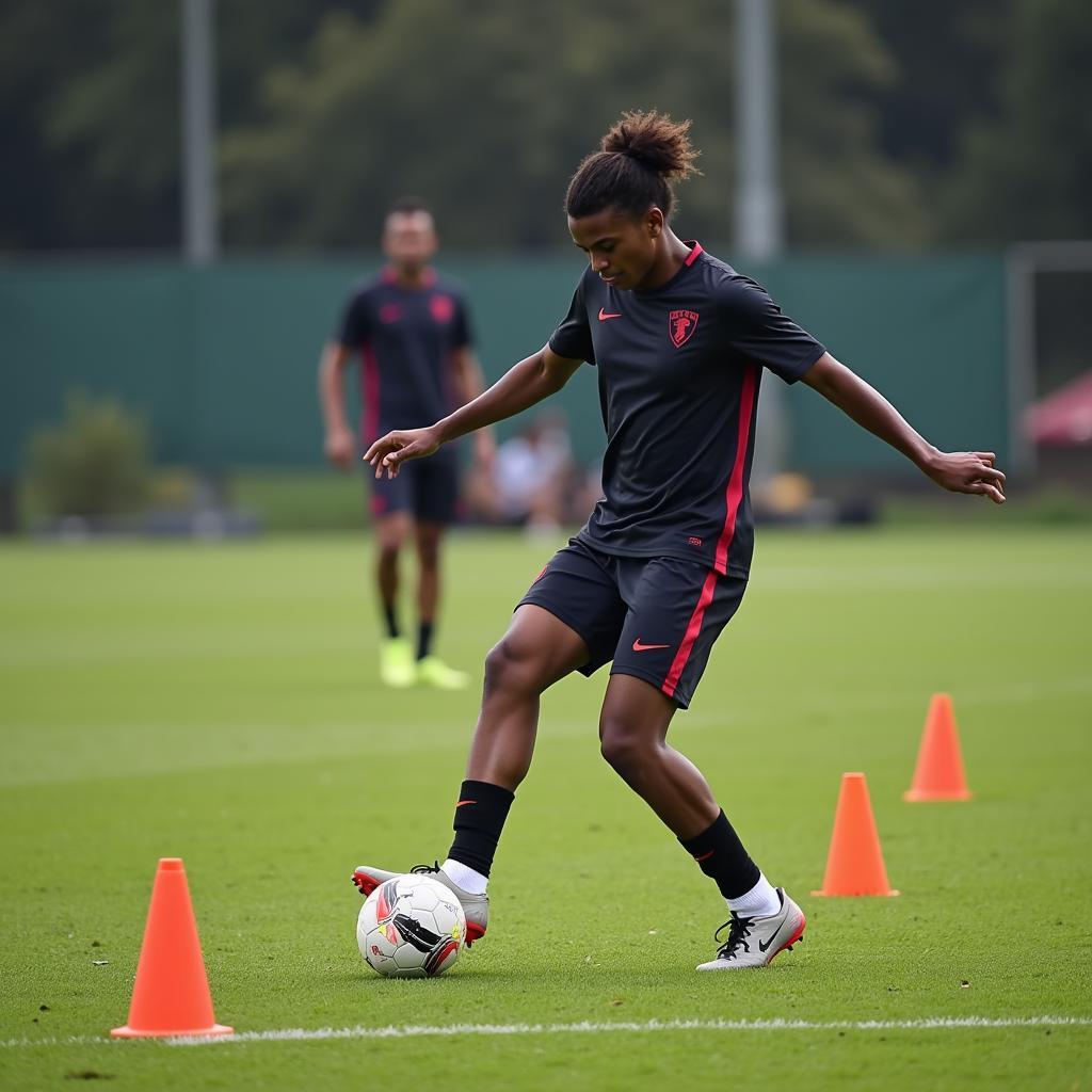 Footballer Executing Precise Passes During 5x9 Bag Drill