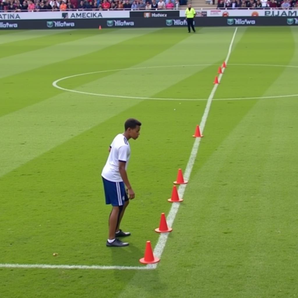 Footballer Setting Up for 5x9 Bag Drill