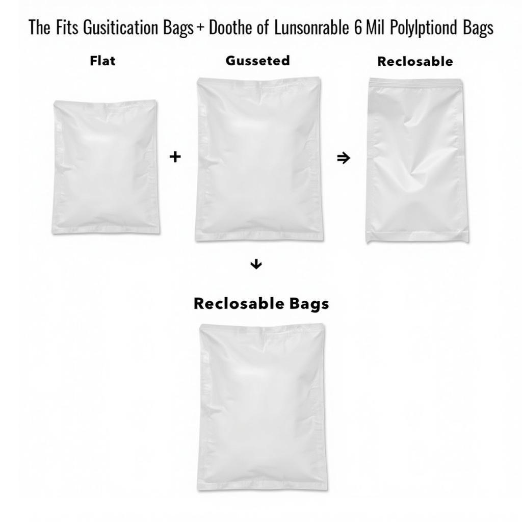 Variations of 6 mil poly bags showing flat, gusseted, and reclosable types.