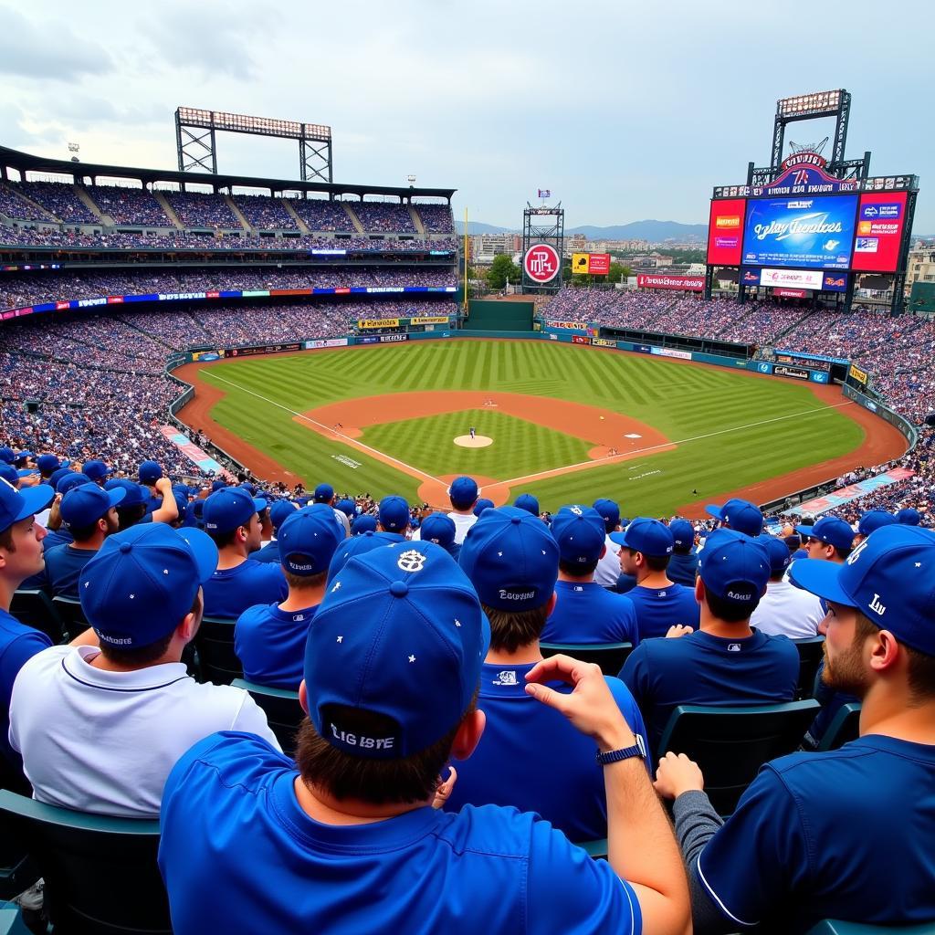 Fans wearing 7 1 4 hats at Dodger Stadium