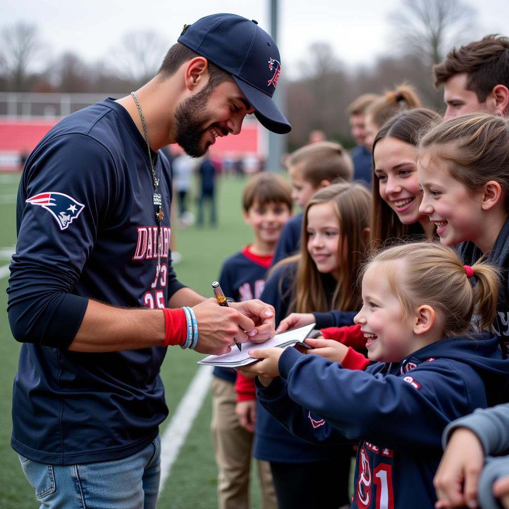 A 716 Patriots baseball player signing autographs for young fans after the game