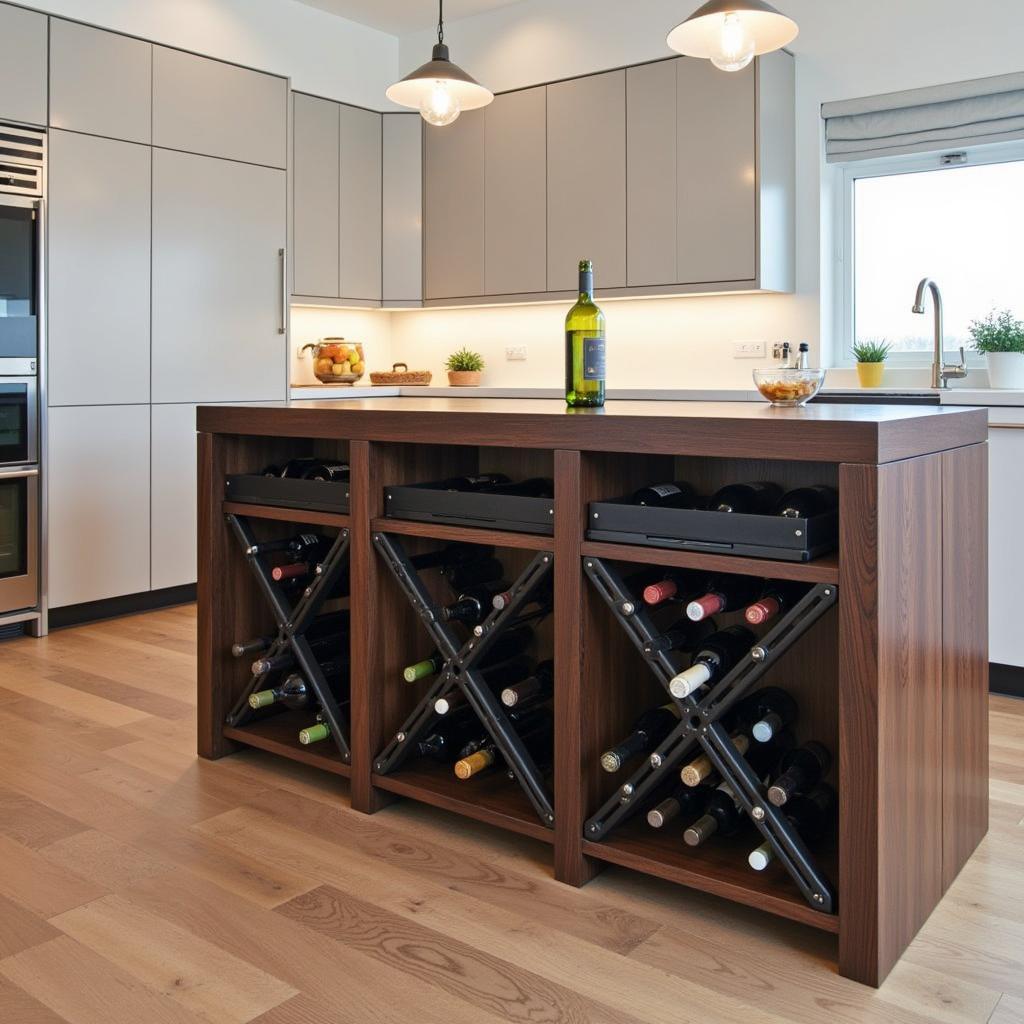 Modern kitchen with freestanding 72 bottle wine rack integrated into island