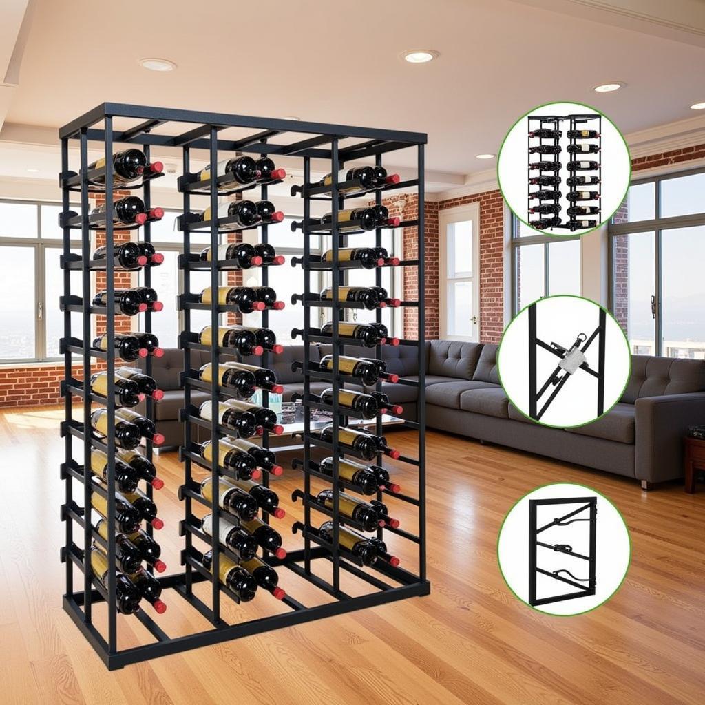 Industrial style living room with metal 72 bottle wine rack