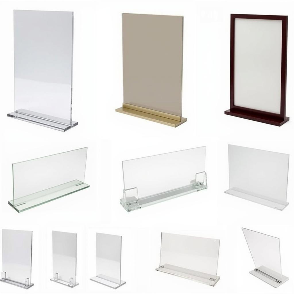 Variety of 8.5 x 11 plastic sign holders in various materials including clear acrylic, frosted, colored and slanted options.