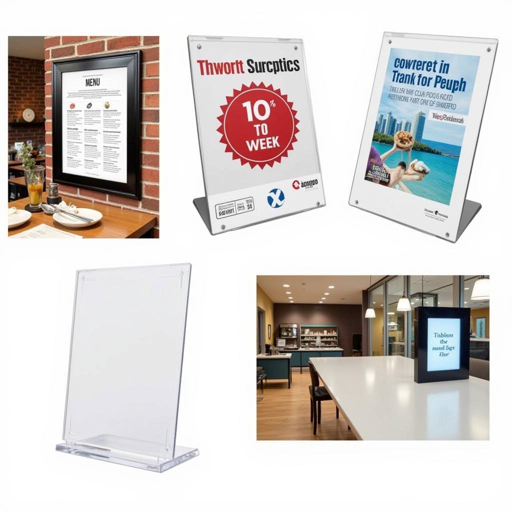 Wall-mounted and tabletop 8.5 x 11 plastic sign holders in various settings.