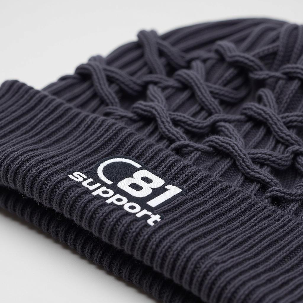 Close-up of an 81 support beanie showcasing its knit texture and logo detail