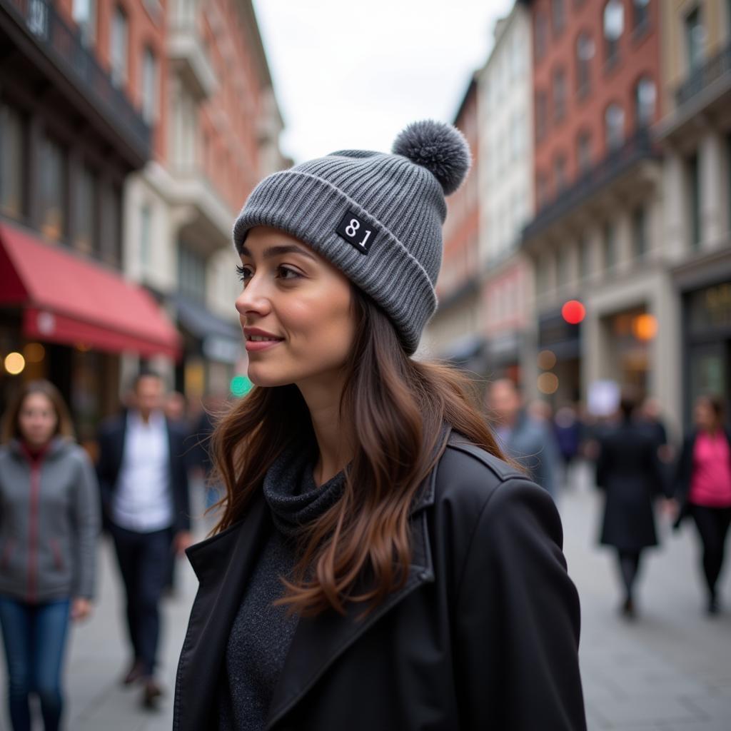 A person wearing an 81 support beanie while walking down a city street