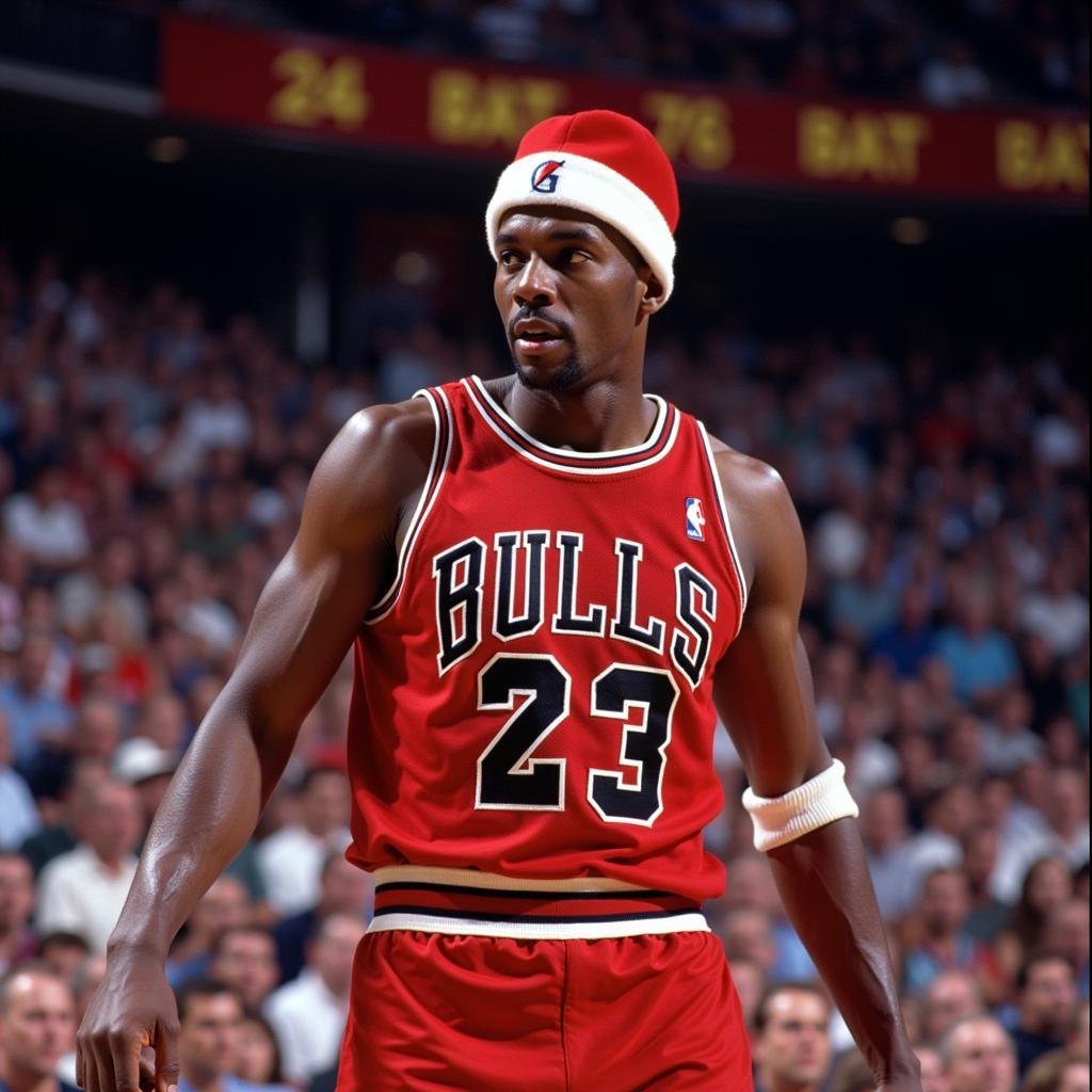 Michael Jordan wearing a retro Gatorade hat on a basketball court