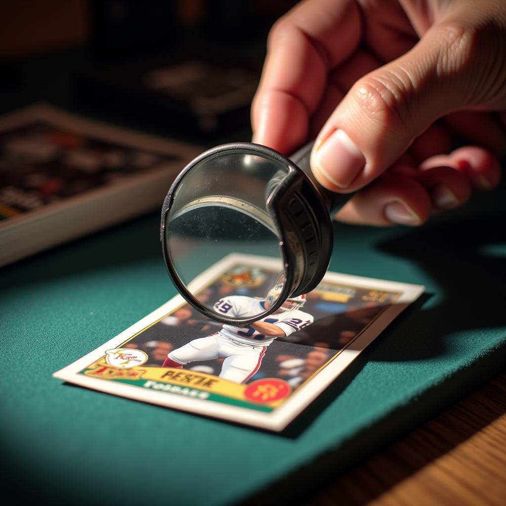 A close-up image of a 93 Upper Deck Football card being examined for grading