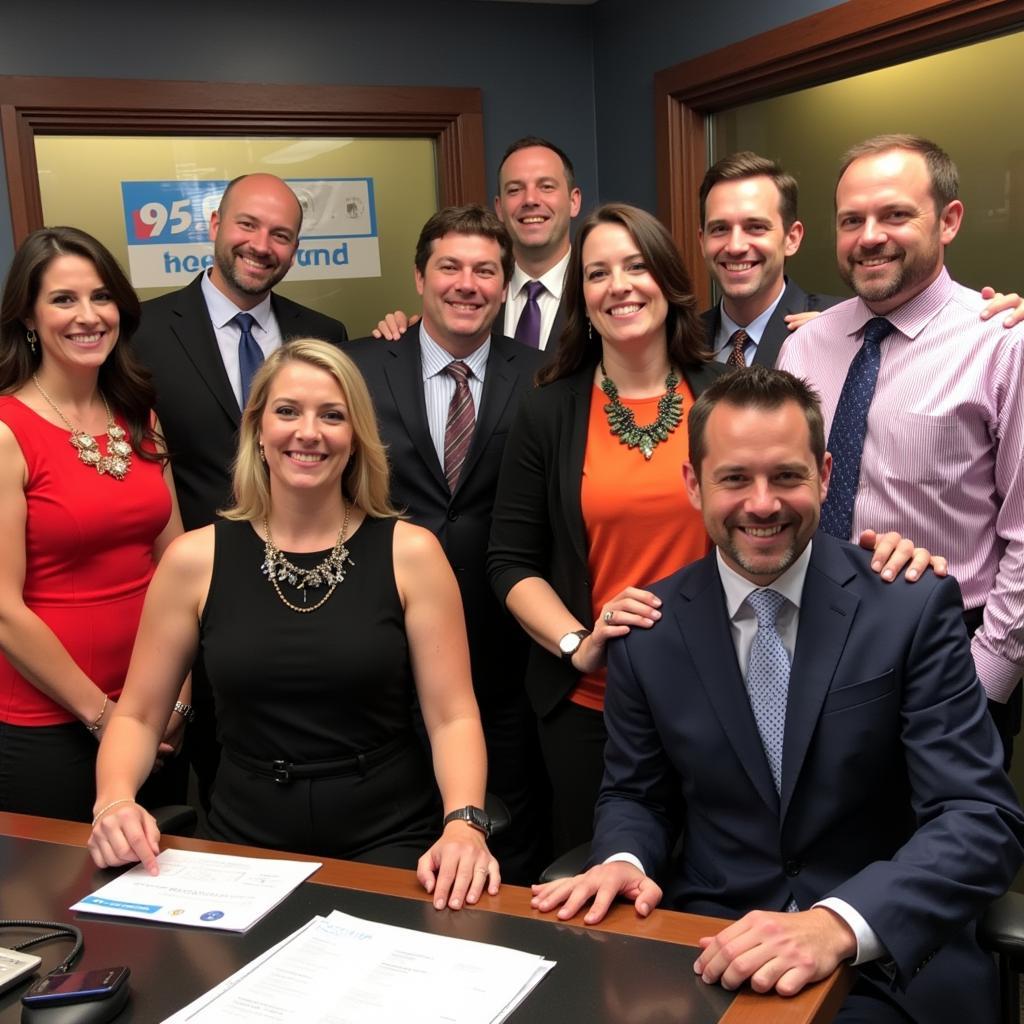 A group photo of the 95.9 Peoria IL radio hosts, all smiles in the studio