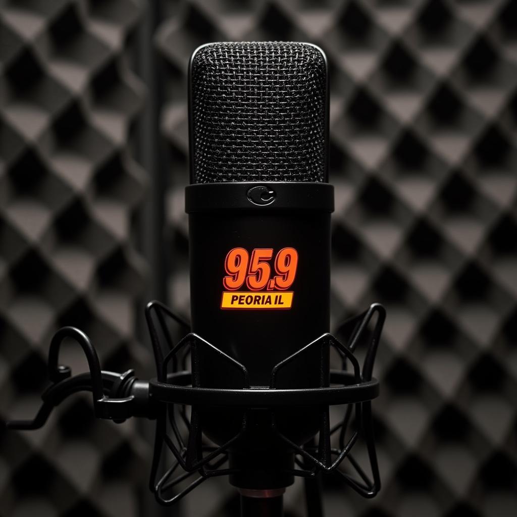 Modern radio studio microphone with the 95.9 Peoria IL logo