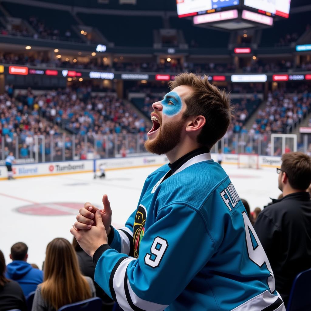  A fan cheers while wearing a light blue hockey jersey at a crowded hockey game.