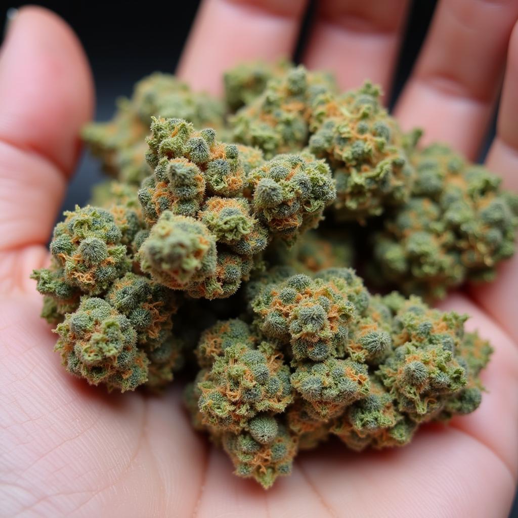 Close up of a hand holding several dried Baby Shark cannabis strain buds.