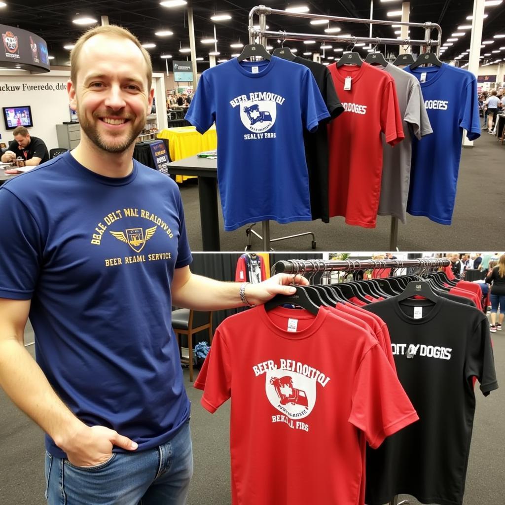 A display of various beer removal service t-shirts at a trade show, each with a unique design, color, and slogan, showcasing the diversity of options available.