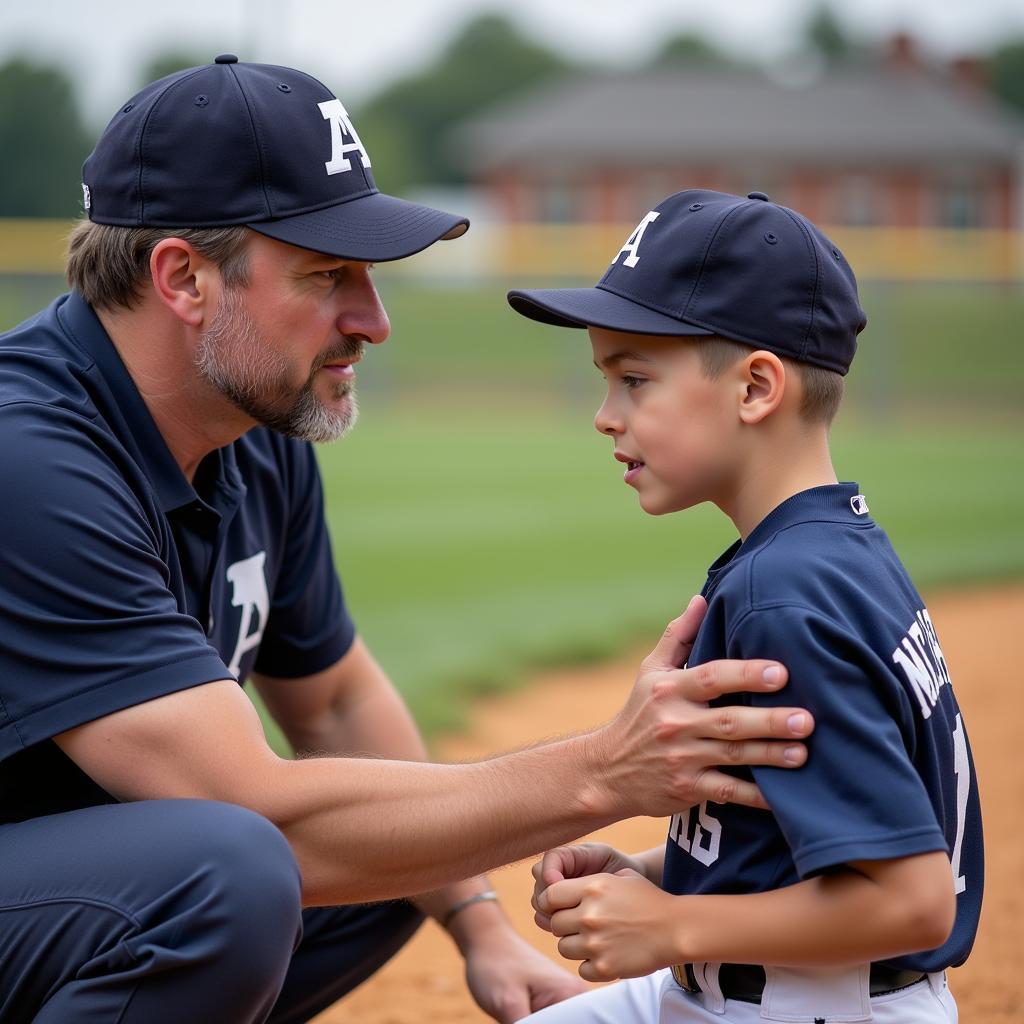 A dedicated Aberdeen Little League coach providing personalized guidance to a young player