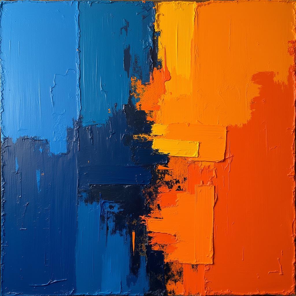 Abstract painting with blue and orange hues dominating the canvas