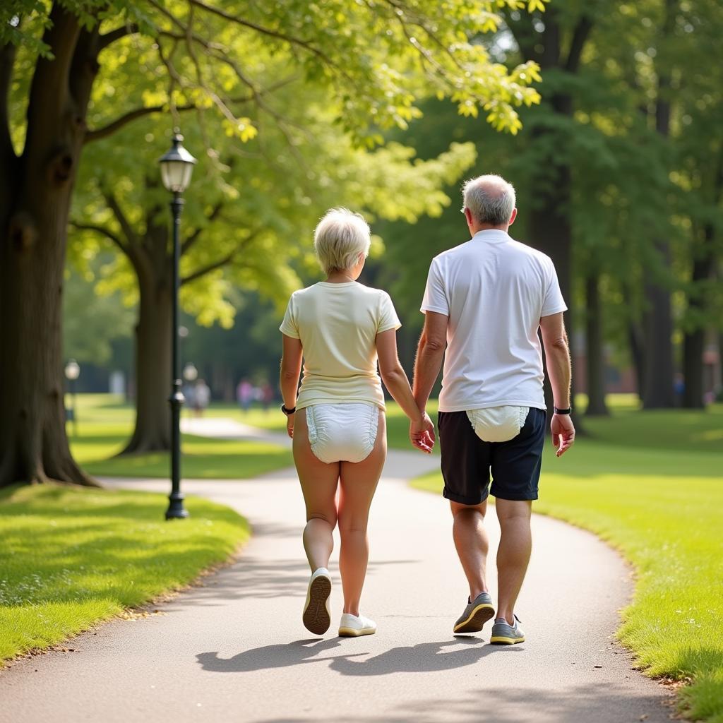 An older couple happily walking together outdoors, demonstrating that adult diapers can support an active lifestyle.