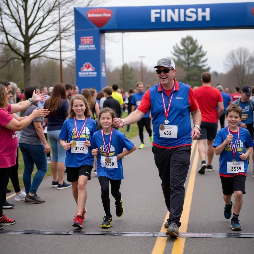 Runners celebrate at the finish line of the Adams Heart Run