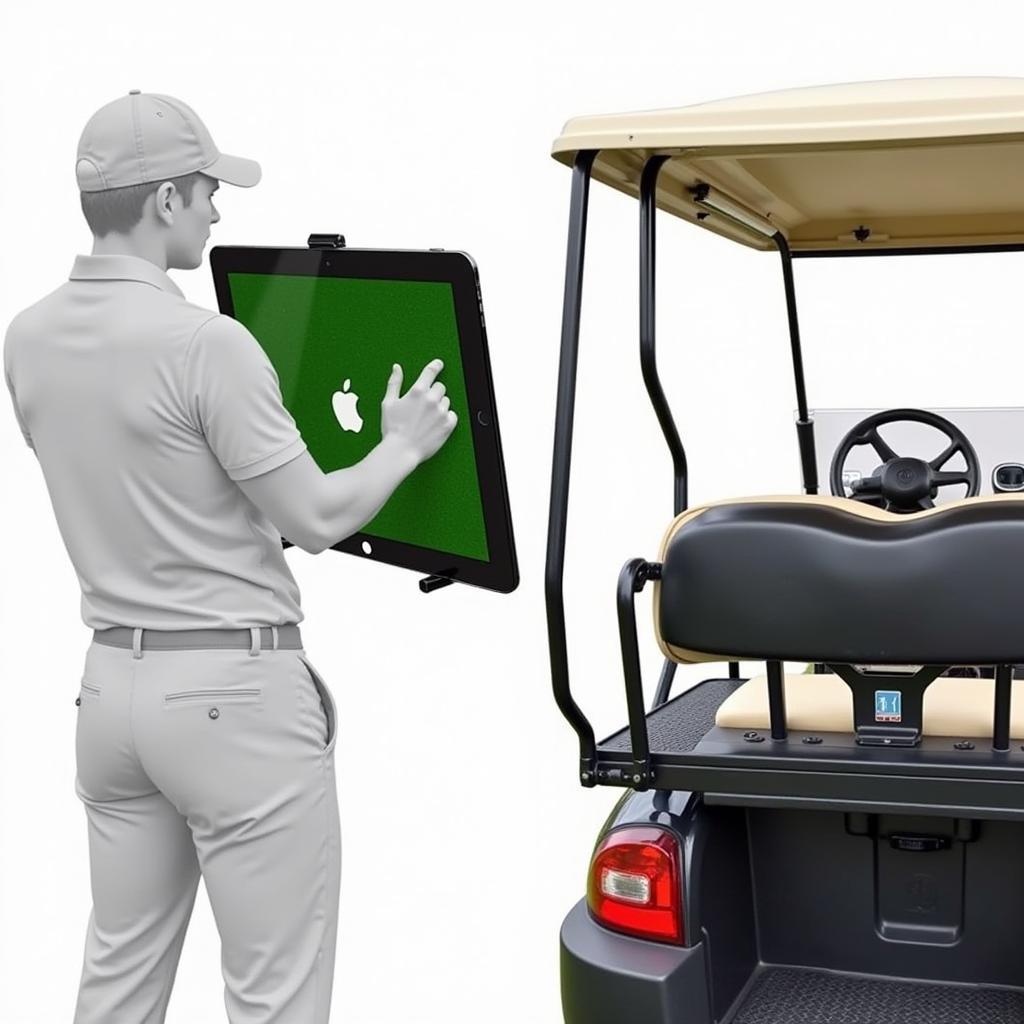 Golfer adjusting the angle of their iPad holder on the golf cart