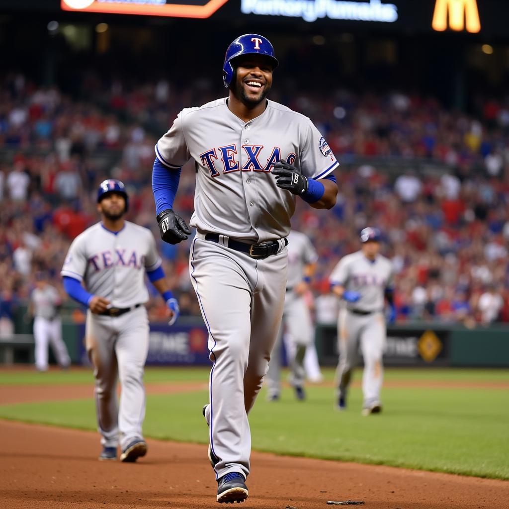 Adrian Beltre celebrating a home run with teammates