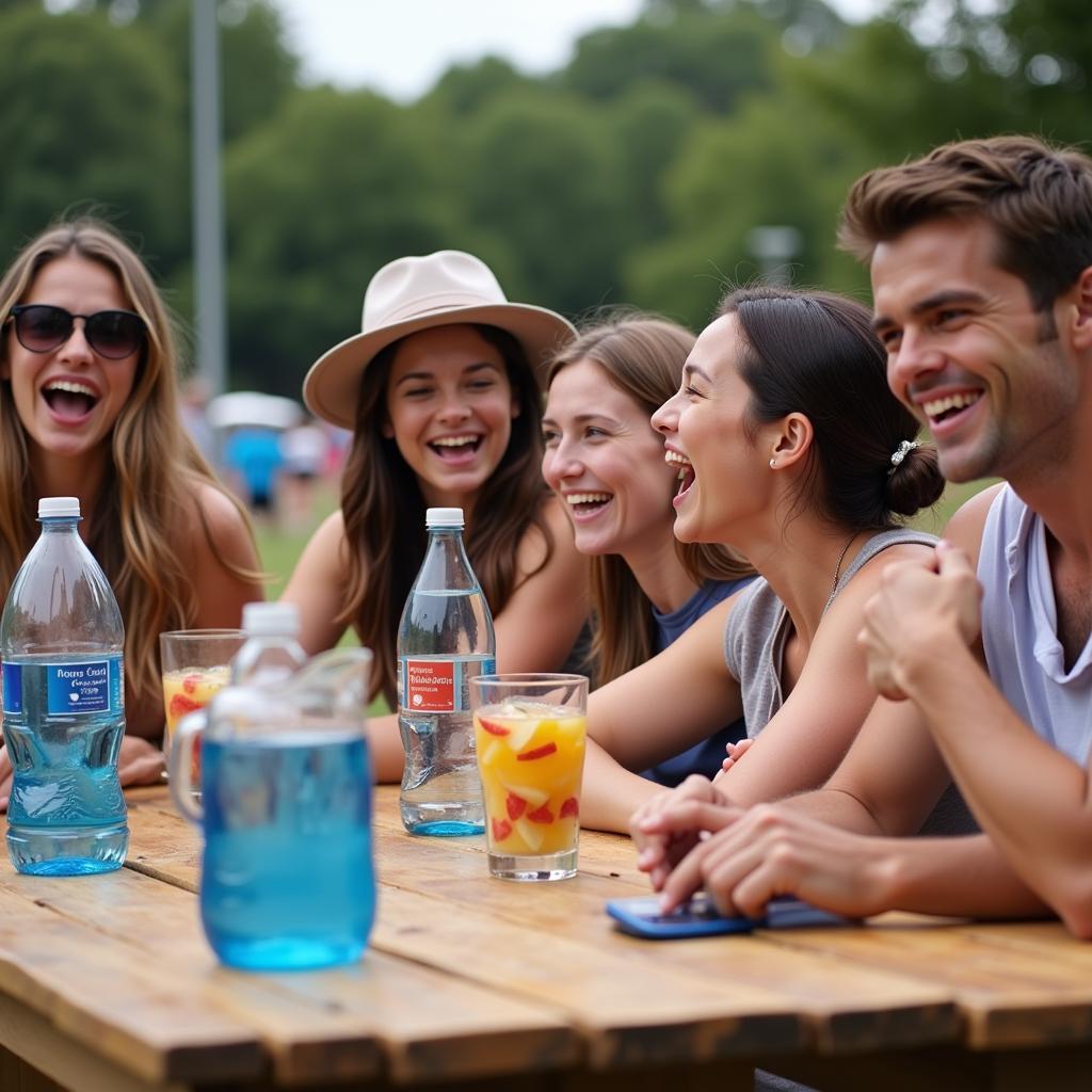 Group of friends having fun at a field day, emphasizing hydration.