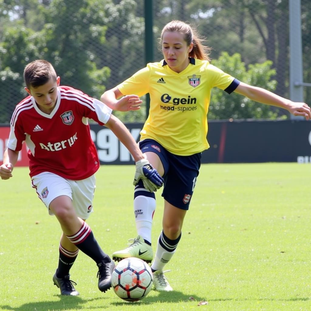 A player executing an advanced shovel glove technique during a football match.