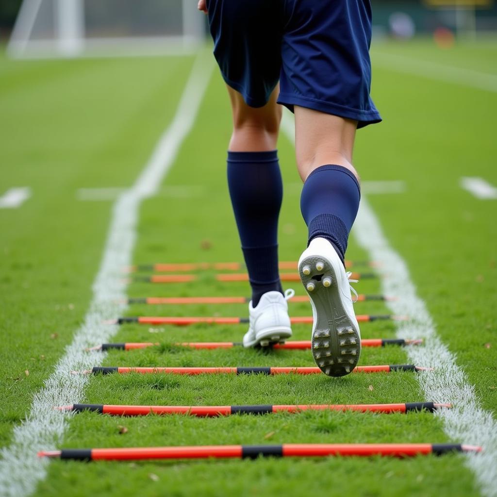 Football player using agility ladder for training