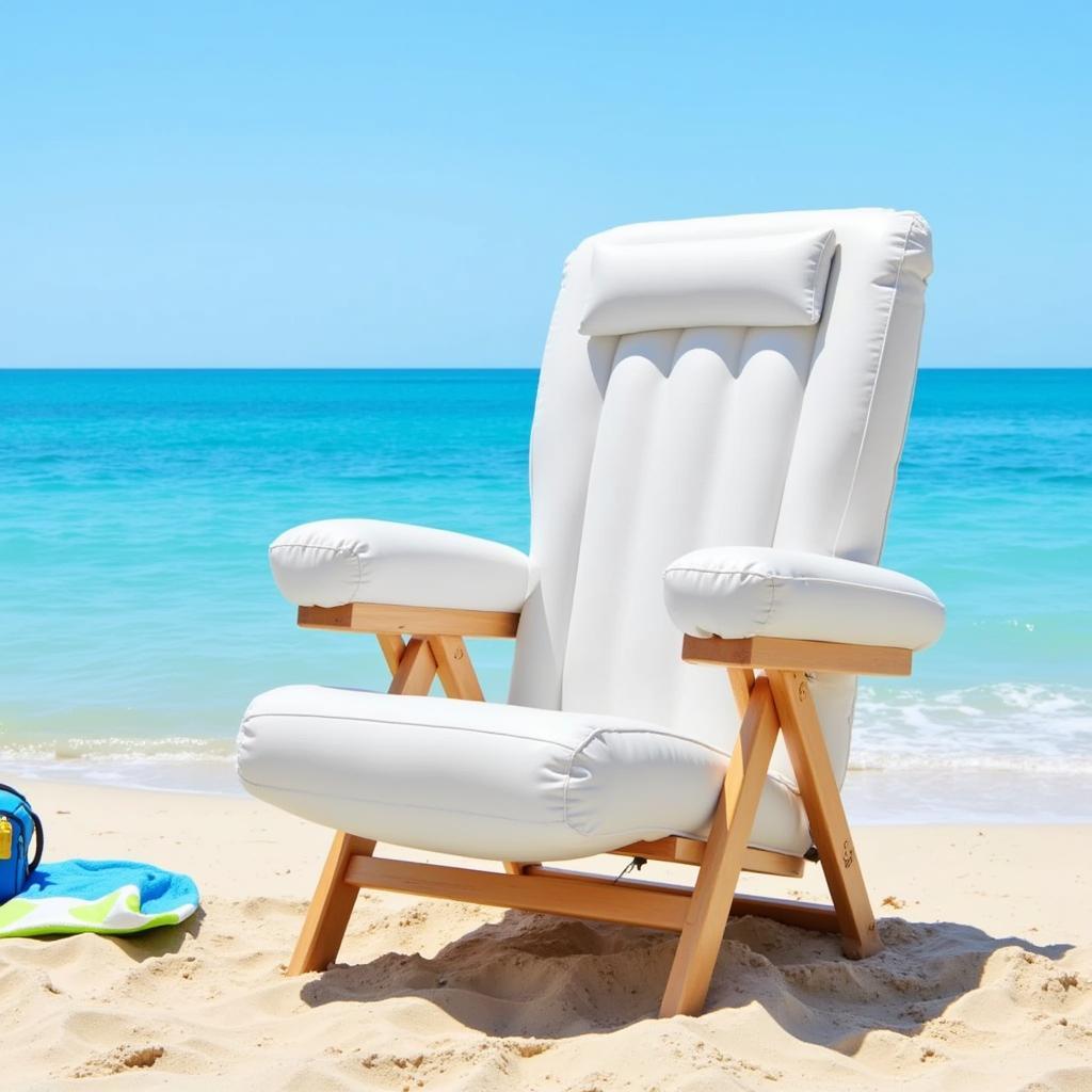 Air filled beach chair set up on a sunny beach