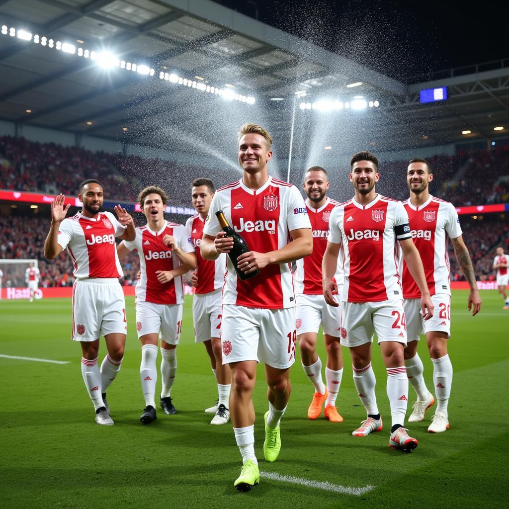 Ajax Players Celebrate Trophy Win with Champagne