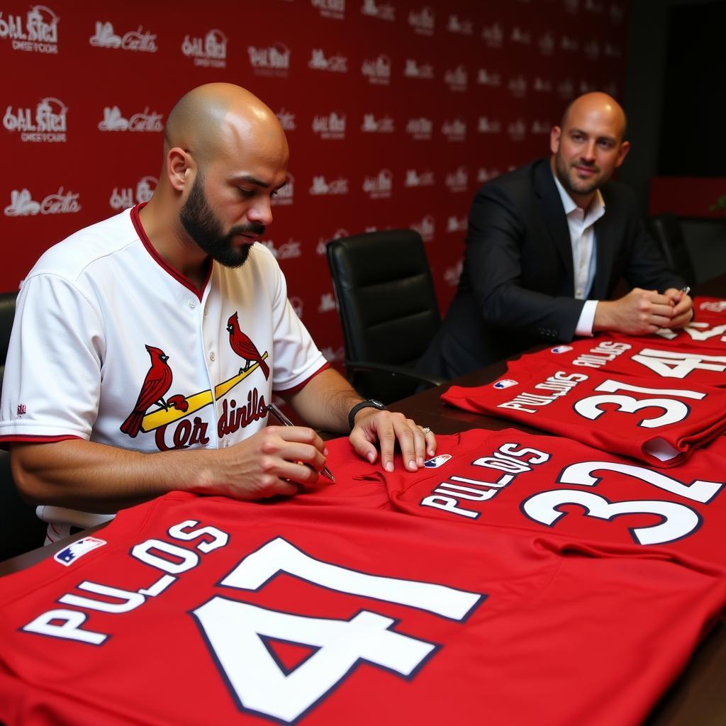 Albert Pujols signing a baseball jersey