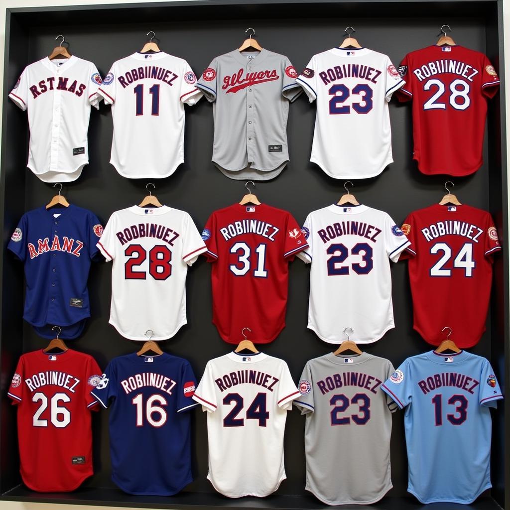 Different styles of authentic Alex Rodriguez Rangers jerseys.