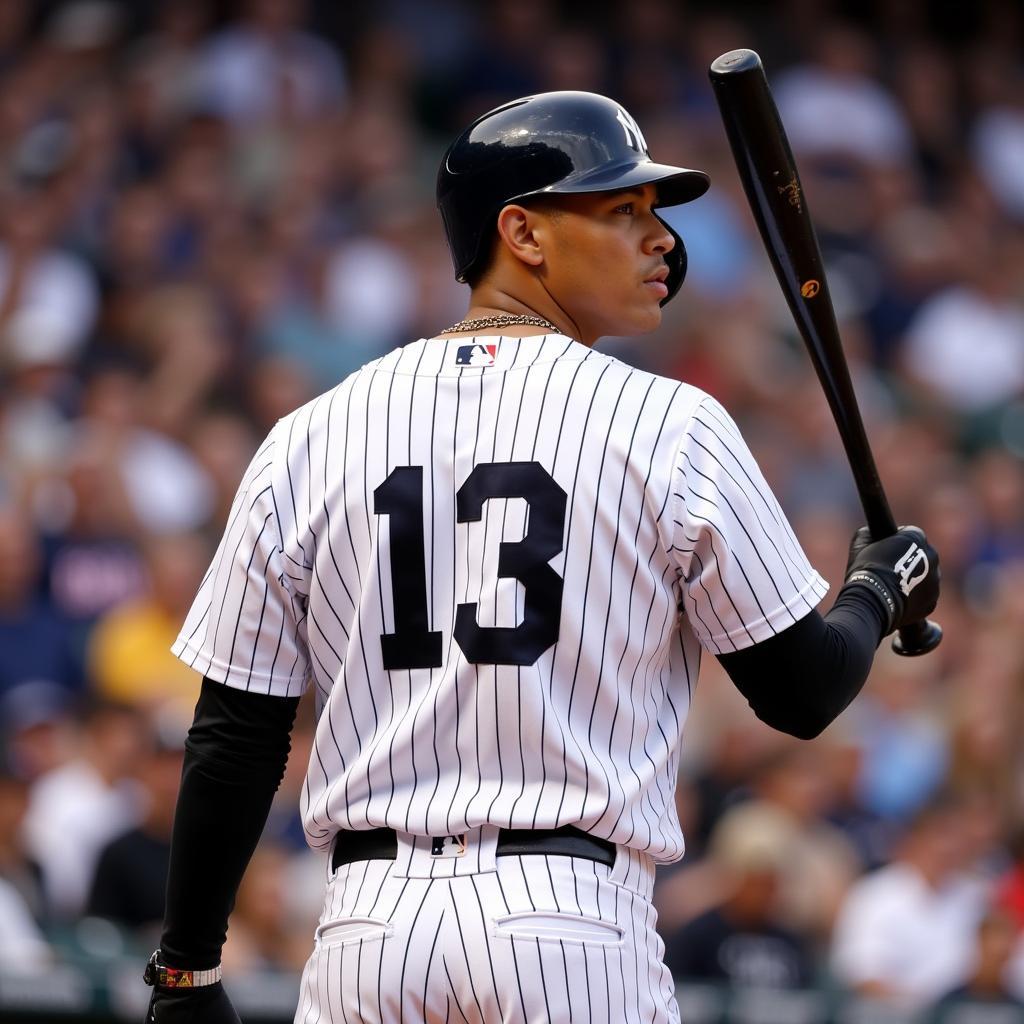 Alex Rodriguez swinging a bat in his Yankees uniform