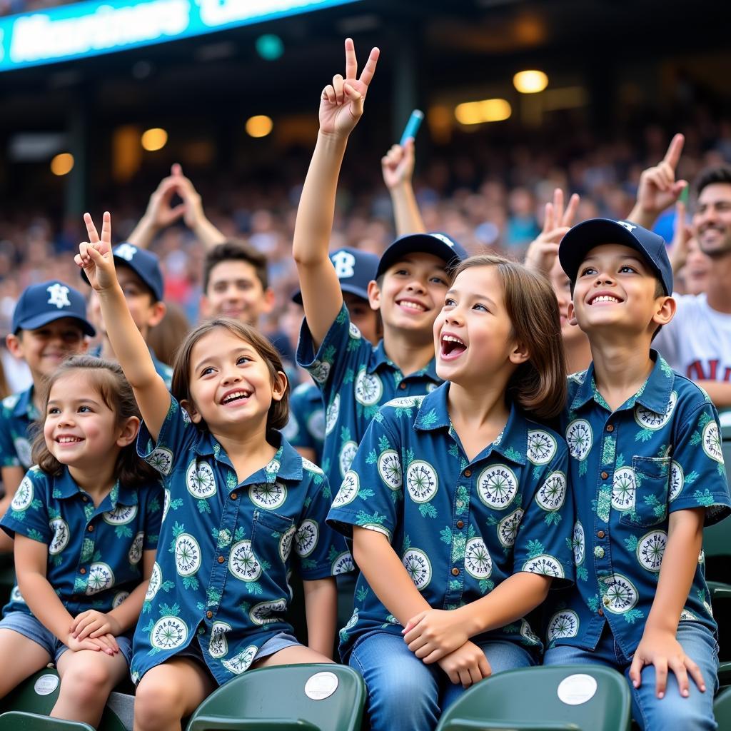 Families enjoying Aloha Shirt Night at a Mariners game