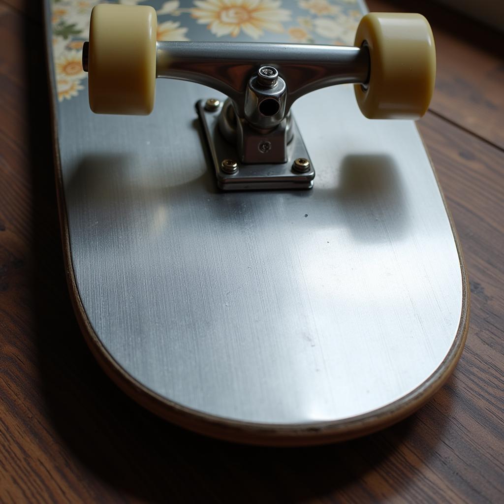 Close-up of a sleek aluminum skateboard deck