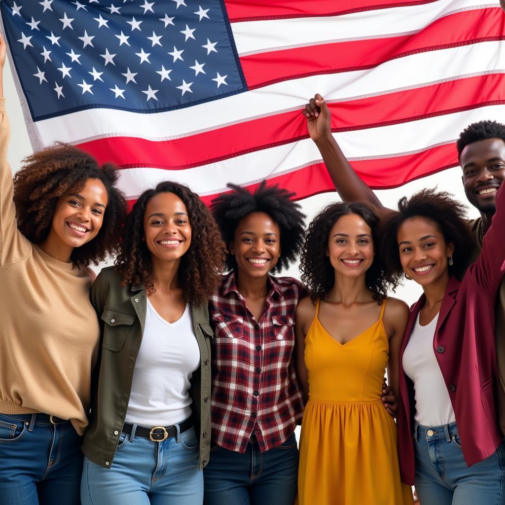 Diverse group of people holding an American flag together, smiling