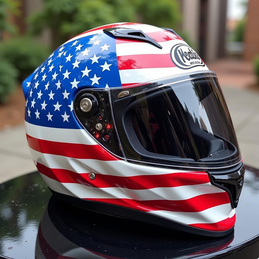 Close-up of an American flag hydrodipped motorcycle helmet